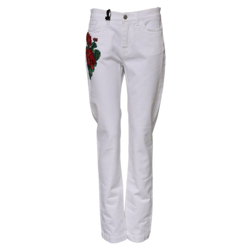 Dolce & Gabbana White Floral Sequined Embroid GIRLY Denim Women's Jeans